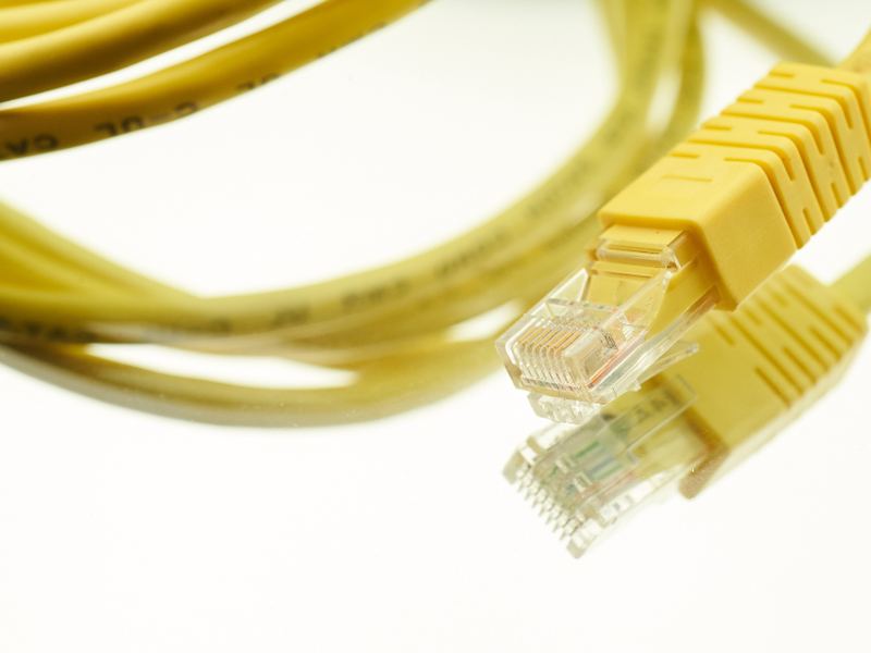 Yellow network cables coiled on a plain surface