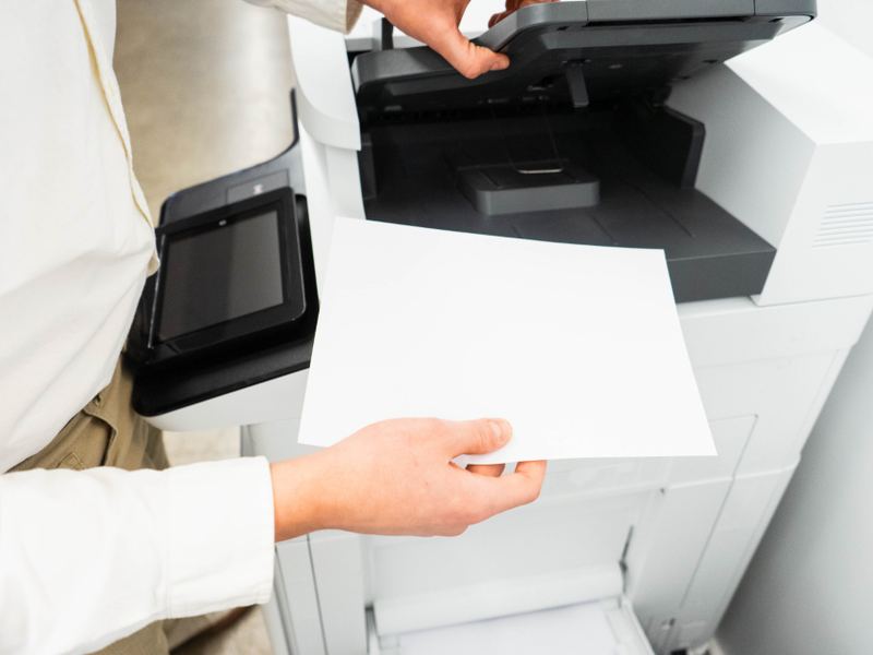 A hand lifting a printed page from an office printer